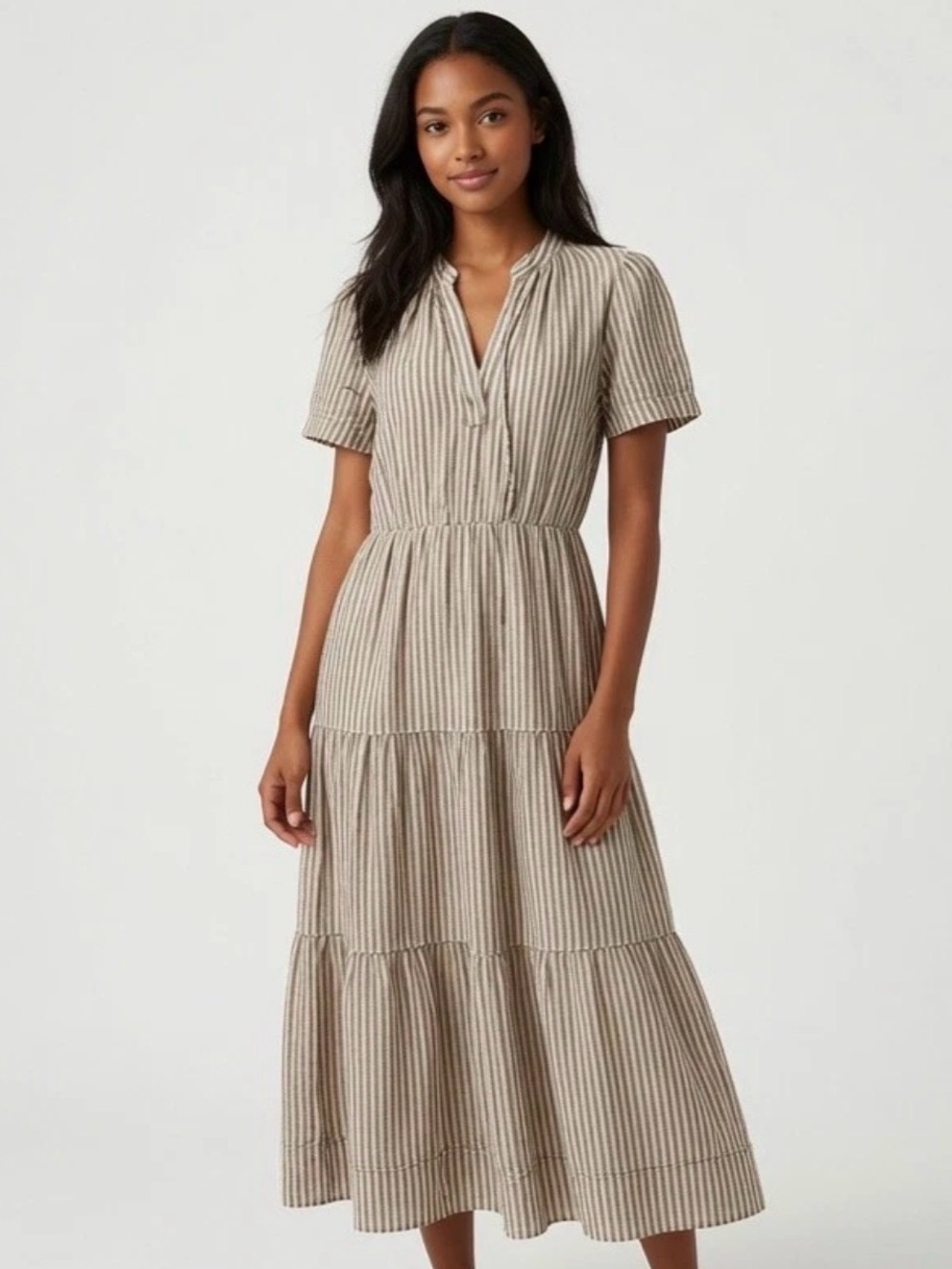 Like New Cynthia Rowley Striped Tiered Midi Dress in tan/white, Size Small